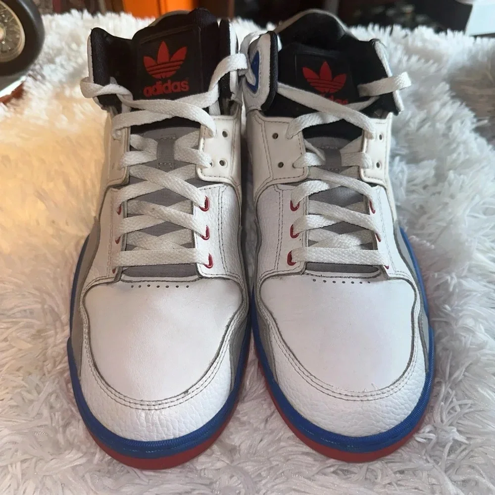 Adidas Mens Size 12 Mid Top White Blue Red Basketball Sneakers